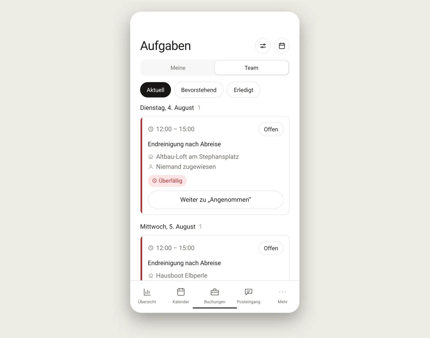 Aufgaben und Reinigungsplanung in der myNextDays-App Aufgabenliste der myNextDays-App: Endreinigung nach Abreise, 12:00–15:00, niemand zugewiesen und als überfällig markiert