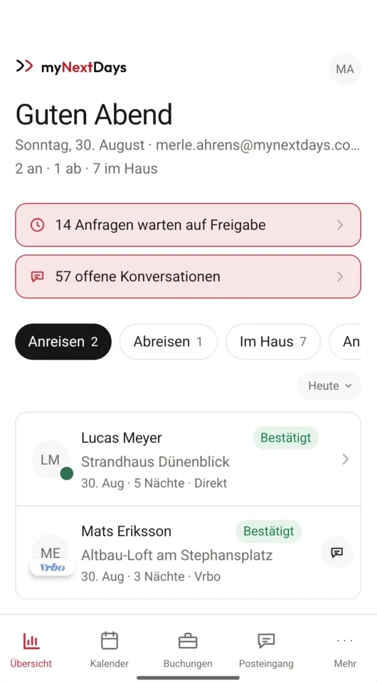myNextDays-App Übersicht mit Anreisen und Anfragen