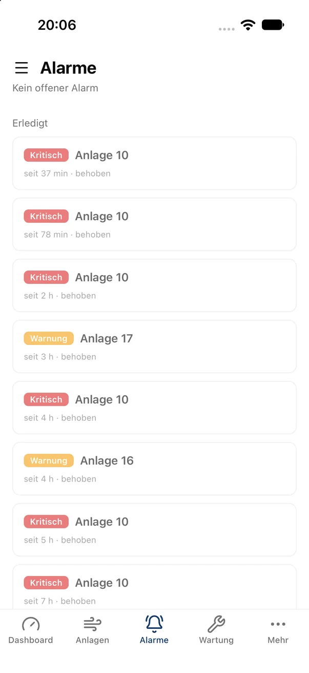 Alarmzentrale der Windhunde-App mit kritischen Alarmen und Warnungen je Windkraftanlage, Dauer und Status behoben