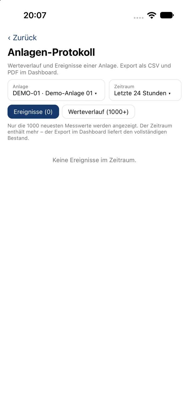 Anlagen-Protokoll der Windhunde-App mit Auswahl von Anlage und Zeitraum, Ereignissen und Werteverlauf einer Windkraftanlage
