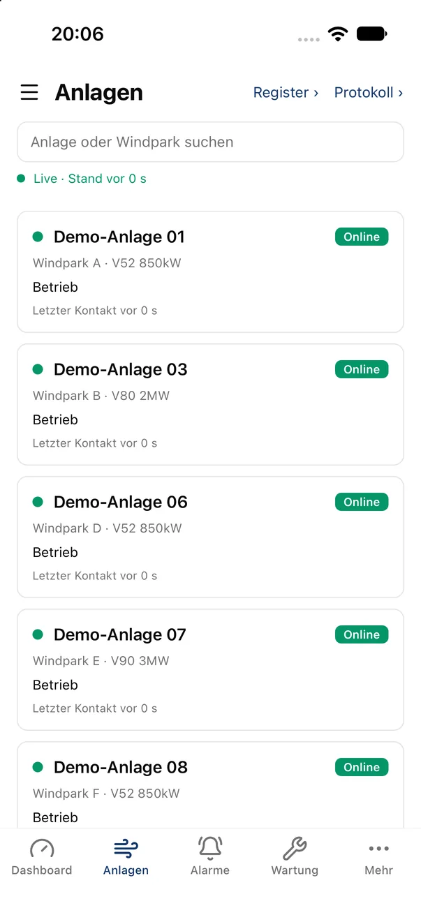 Anlagenliste der Windhunde-App mit Demo-Windkraftanlagen, Windpark, Anlagentyp, Online-Status und Zeit seit dem letzten Kontakt