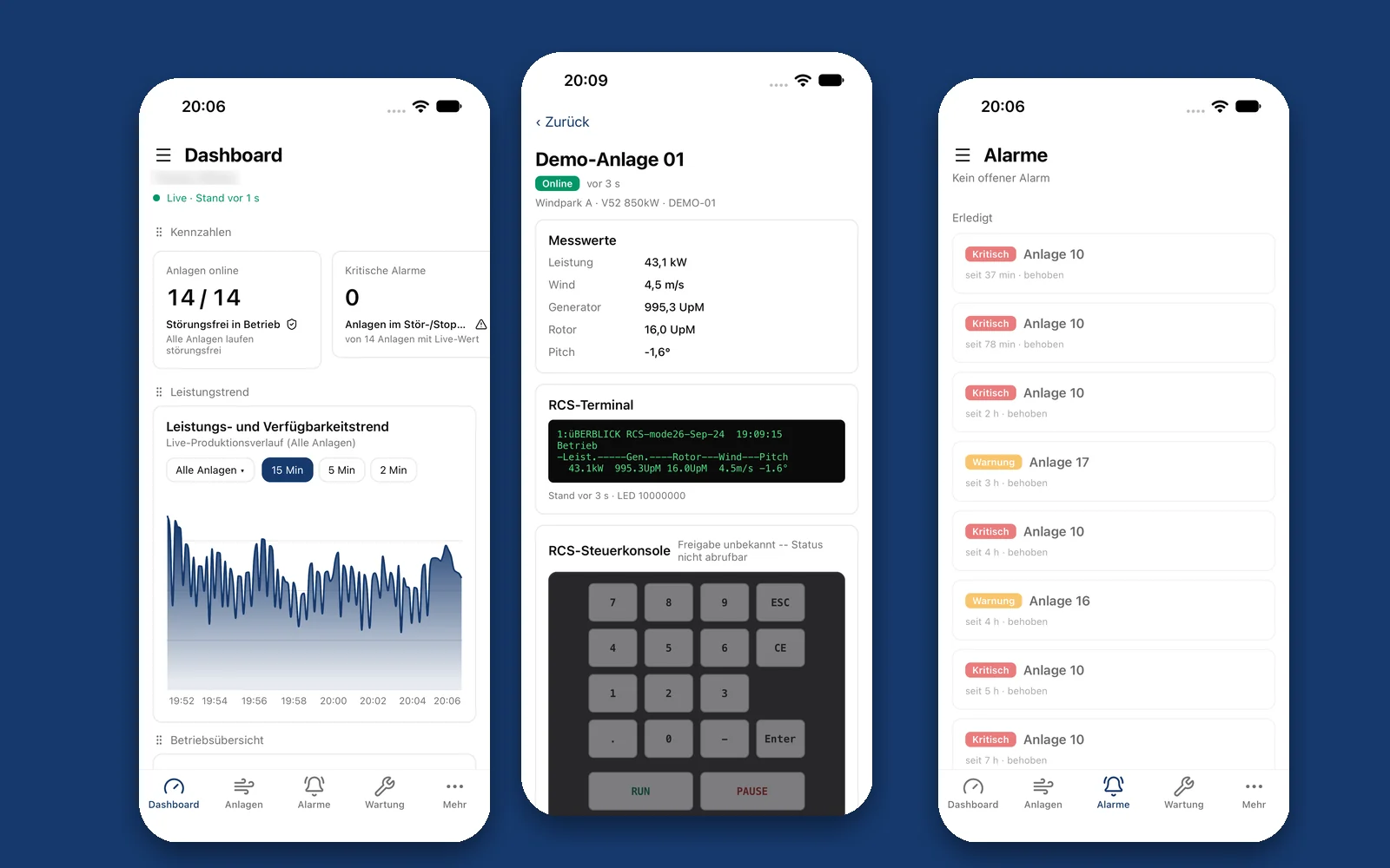 Windhunde-App auf drei iPhones: Dashboard mit Kennzahlen, Detailansicht einer Windkraftanlage mit Live-Werten und die Alarmzentrale