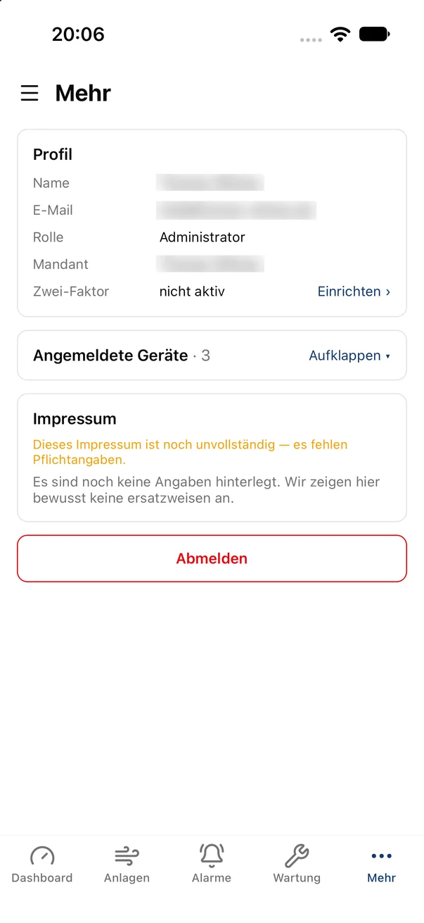 Bereich Mehr der Windhunde-App mit Profil, Rolle, Mandant, Zwei-Faktor-Status, angemeldeten Geräten und Impressum