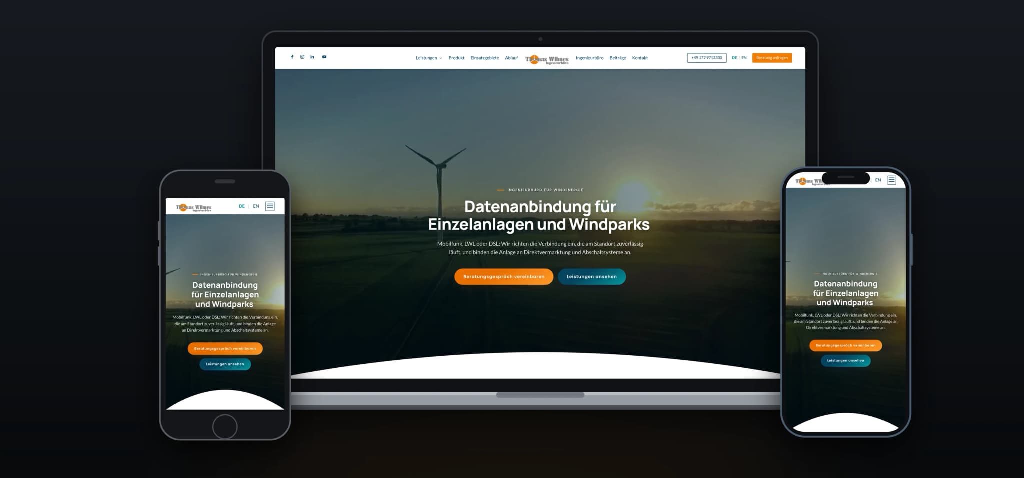 Thomas Wilmes Ingenieurbüro website on a laptop and two smartphones: homepage with a wind turbine and the headline about data connectivity for single turbines and wind farms