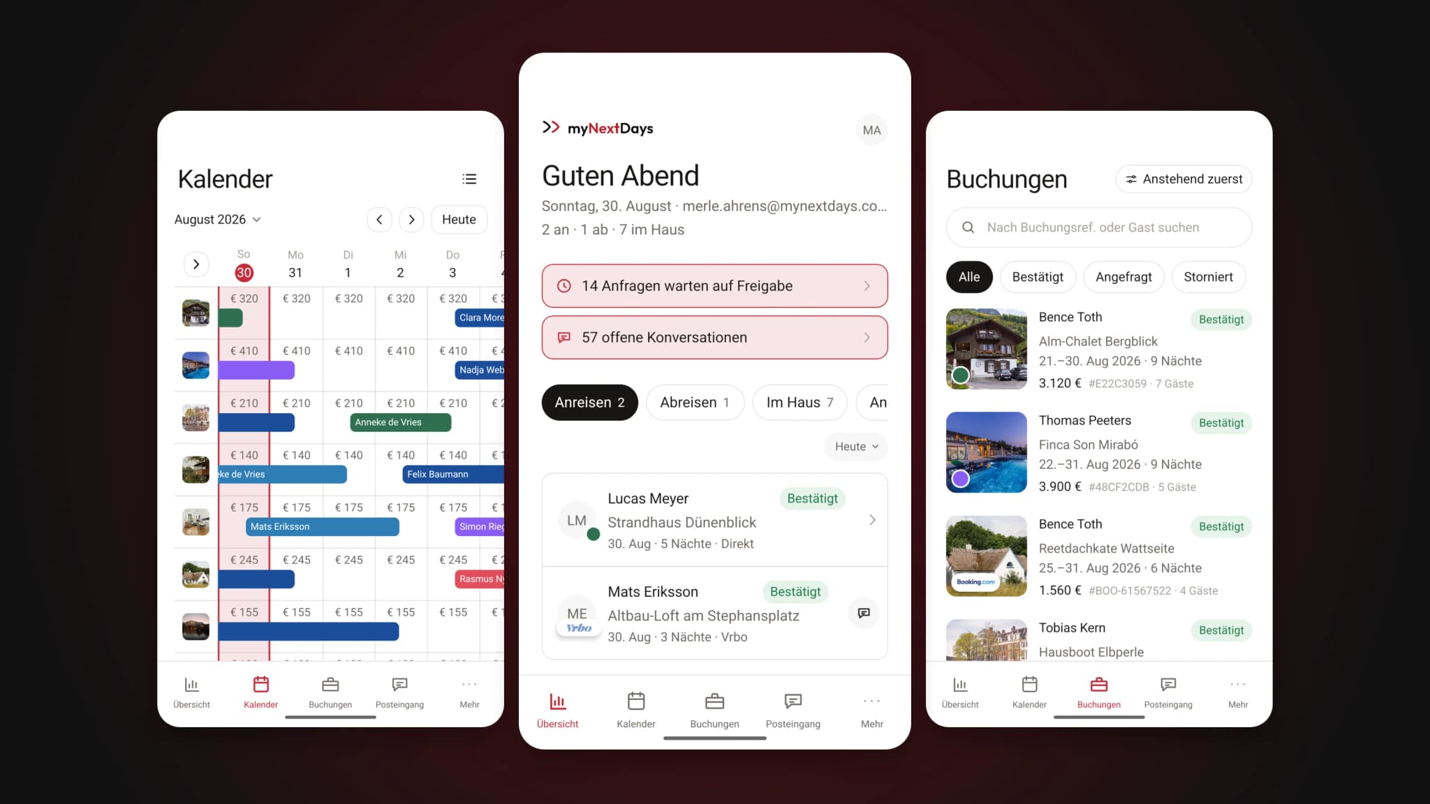 myNextDays-App auf drei Smartphones: Belegungskalender, Tagesübersicht und Buchungsliste der Ferienwohnung-Verwaltung