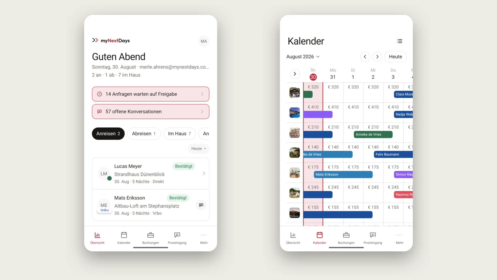 myNextDays-App: Tagesübersicht mit Anreisen und Abreisen neben dem Multi-Belegungskalender mehrerer Ferienobjekte