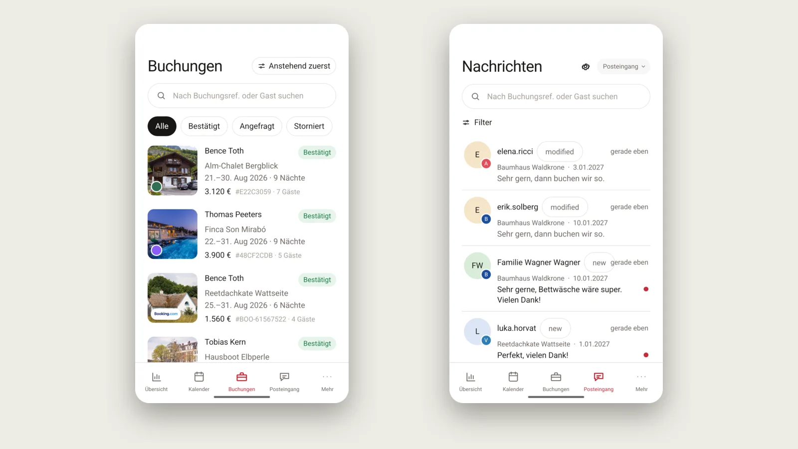 myNextDays-App: Buchungsliste mit Status-Filtern neben dem Posteingang für Gästenachrichten aus Airbnb, Booking.com und Vrbo