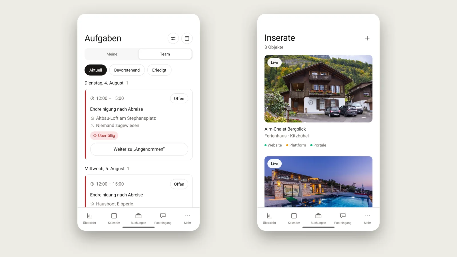 myNextDays-App: Reinigungsaufgaben für das Team neben der Inserate-Übersicht mit Vertriebskanälen je Objekt