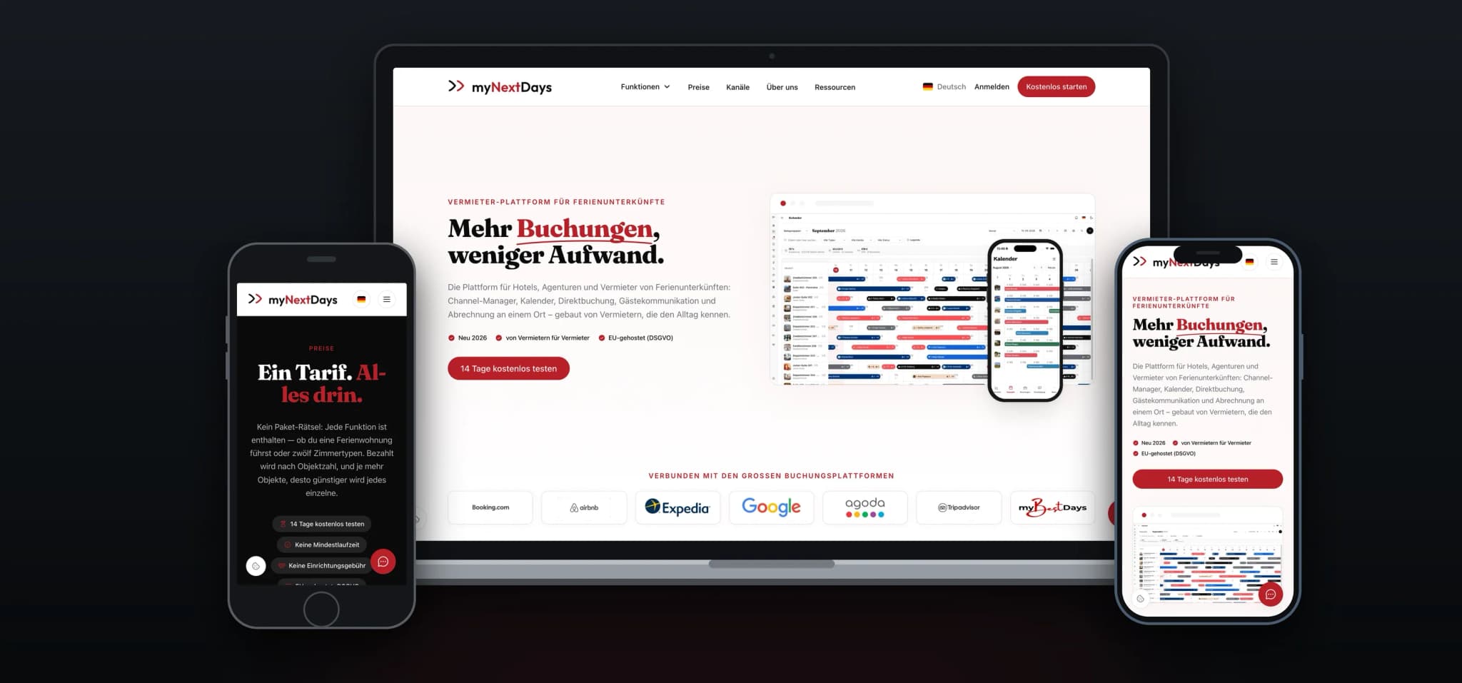 The mynextdays.com website on a laptop and two smartphones: homepage with the occupancy calendar and the pricing page with a single plan