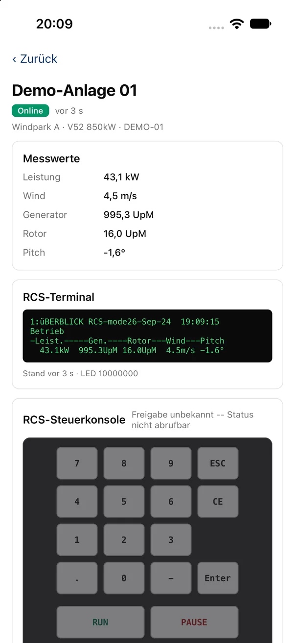 Windhunde-App: Anlagen-Detail mit Leistung, Wind, Drehzahlen, Pitch und gespiegeltem RCS-Terminal