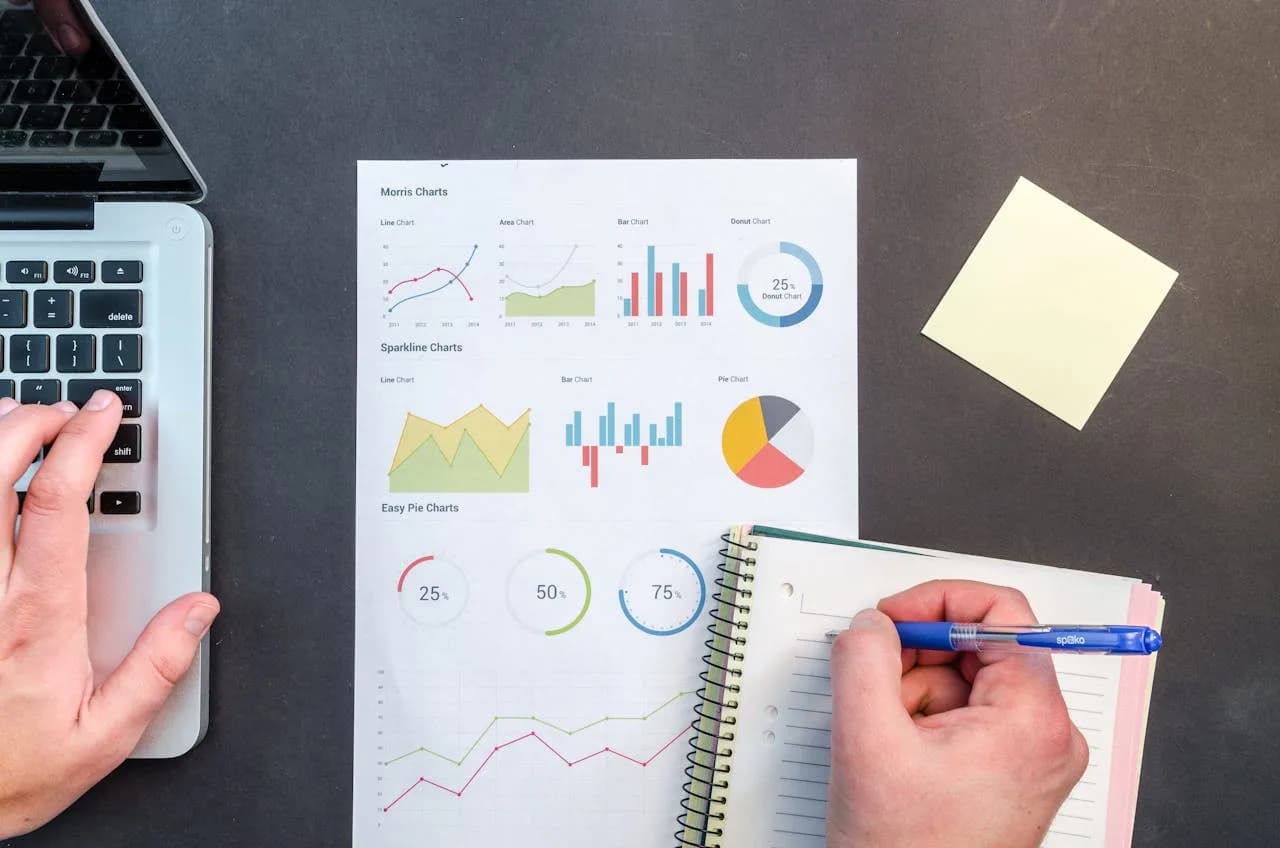 Marketing-Analyst arbeitet mit Laptop an Google Ads Kampagnen-Charts, Diagramme und Notizen auf dunklem Schreibtisch