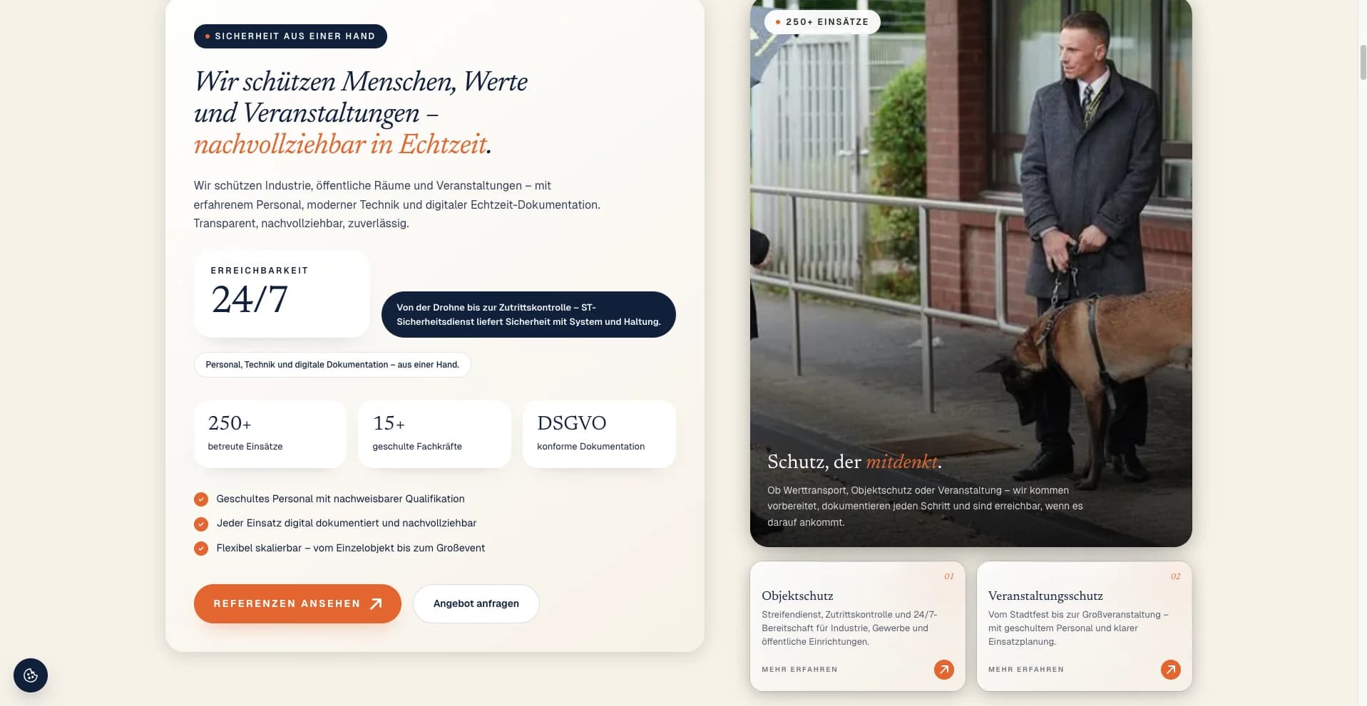 ST-Sicherheitsdienst Hero-Section mit 24/7-Schutzversprechen, 250+ Einsätzen und 15+ Jahren Fachkraft-Erfahrung