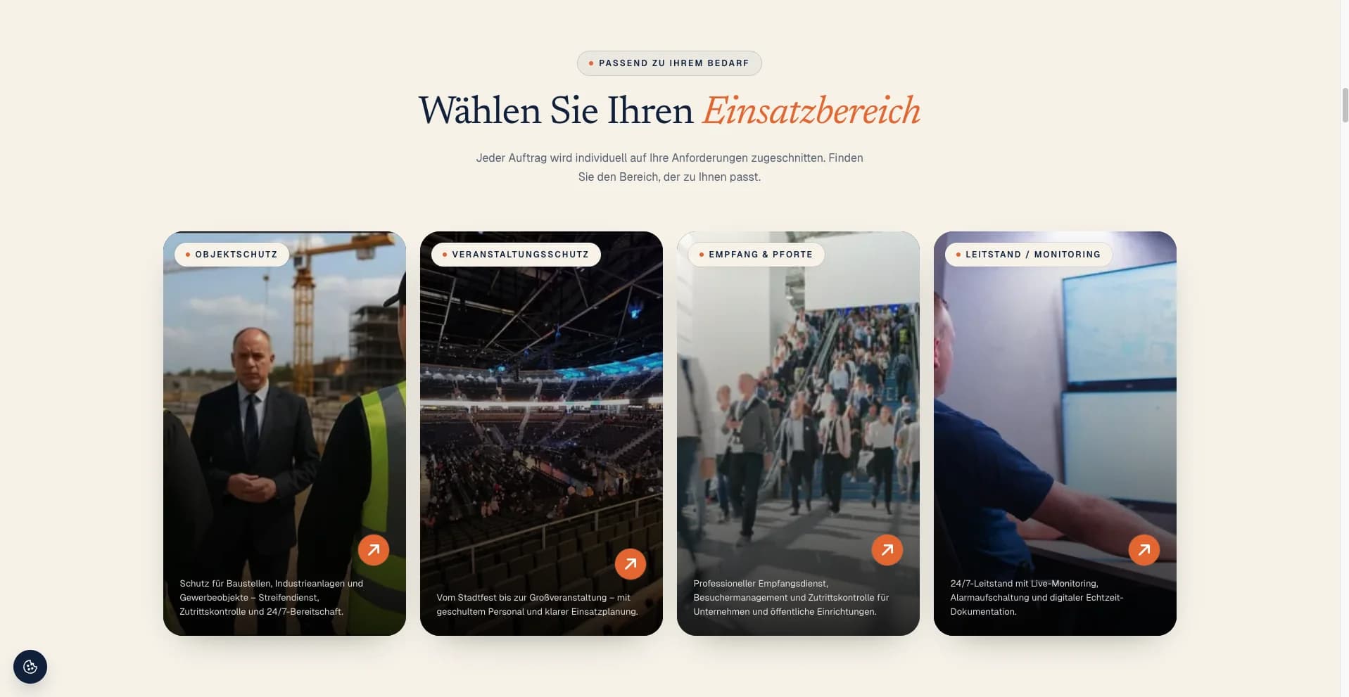 Vier Einsatzbereiche: Objektschutz, Veranstaltungsschutz, Empfang & Pforte, Leitstand-Monitoring